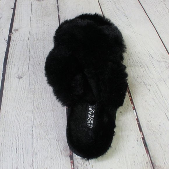 Michael Kors Lala Black Fluffy Faux Slip On Furry Slippers Size 6.5 - Picture 8 of 9